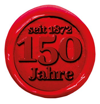 Franke Naturstein 150 Jahre Badge mit Hintergrund